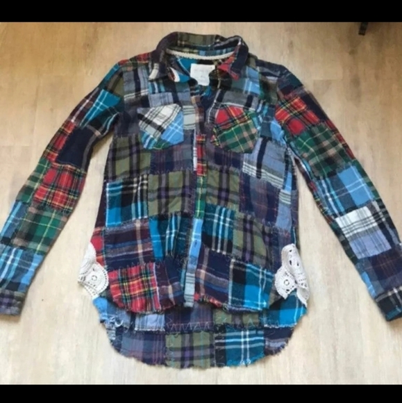 FREE PEOPLE "LOST IN PLAID" LACE CROCHET SIDED PATCHWORK PLAID FLANNEL TOP☆MED - Picture 10 of 12